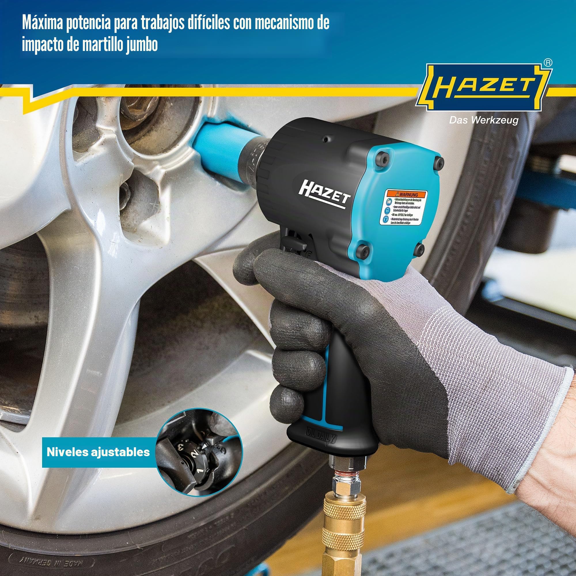 Llave de impacto neumática HAZET 9012M-1 I Extra corta - sólo 80 mm, Max. par de apriete: 1200 Nm, cuadrado 12,5 mm (1/2 pulgada) diseño compacto para trabajar en espacios reducidos