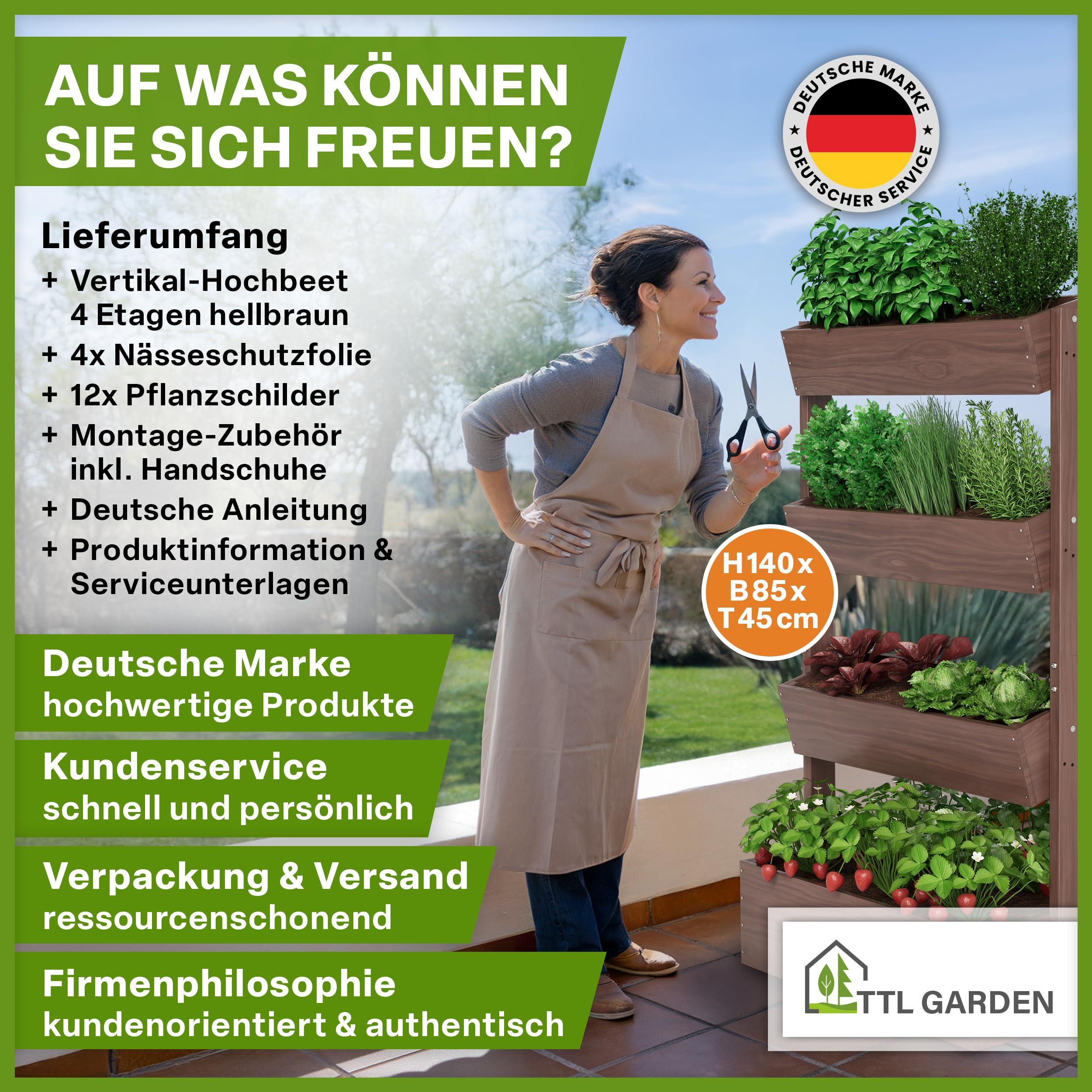 TTL GARDEN Vertikalbeet Verona 140x85x45cm 4 Etagen aus Tannenholz braun | - Vertikal Hochbeet & Kräuterhochbeet mit 4 Etagen & Folie wetterfest - Blumenkasten Kräutertreppe für Balkon Garten Terrasse