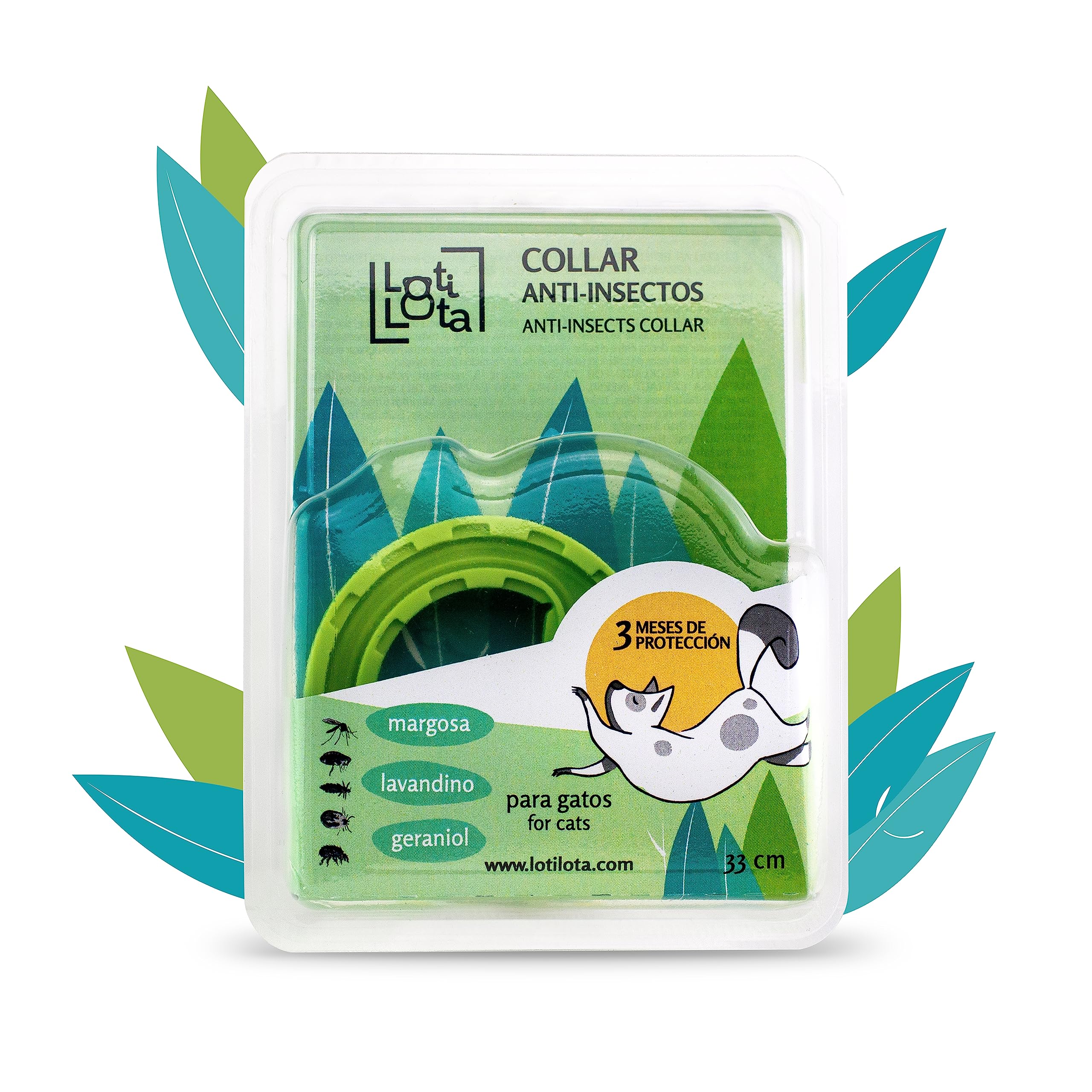 Collar Anti-Insectos para Gatos - Activos Naturales - Geraniol, Margosa, Lavandino - 33 cm Ajustable - Resistente al Agua -
