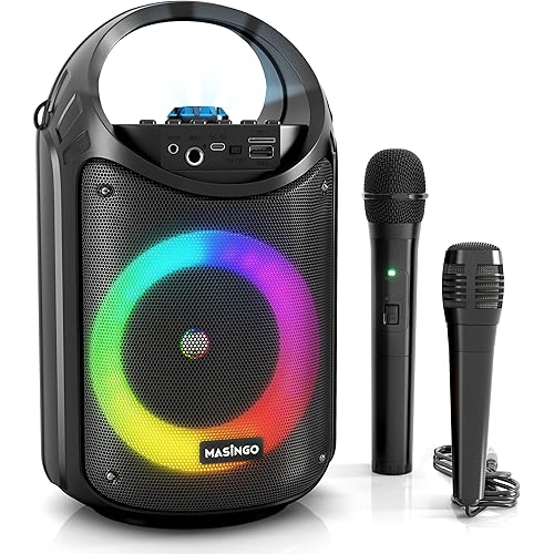 MASINGO Karaoke Machine for Kids and Adults with 1 Wireless Karaoke Microphone and 1 Wired Mic, PA Portable Speaker with LED Lights, Supports TF Card/USB, AUX/MIC in, TWS for Home Party, Burletta C10