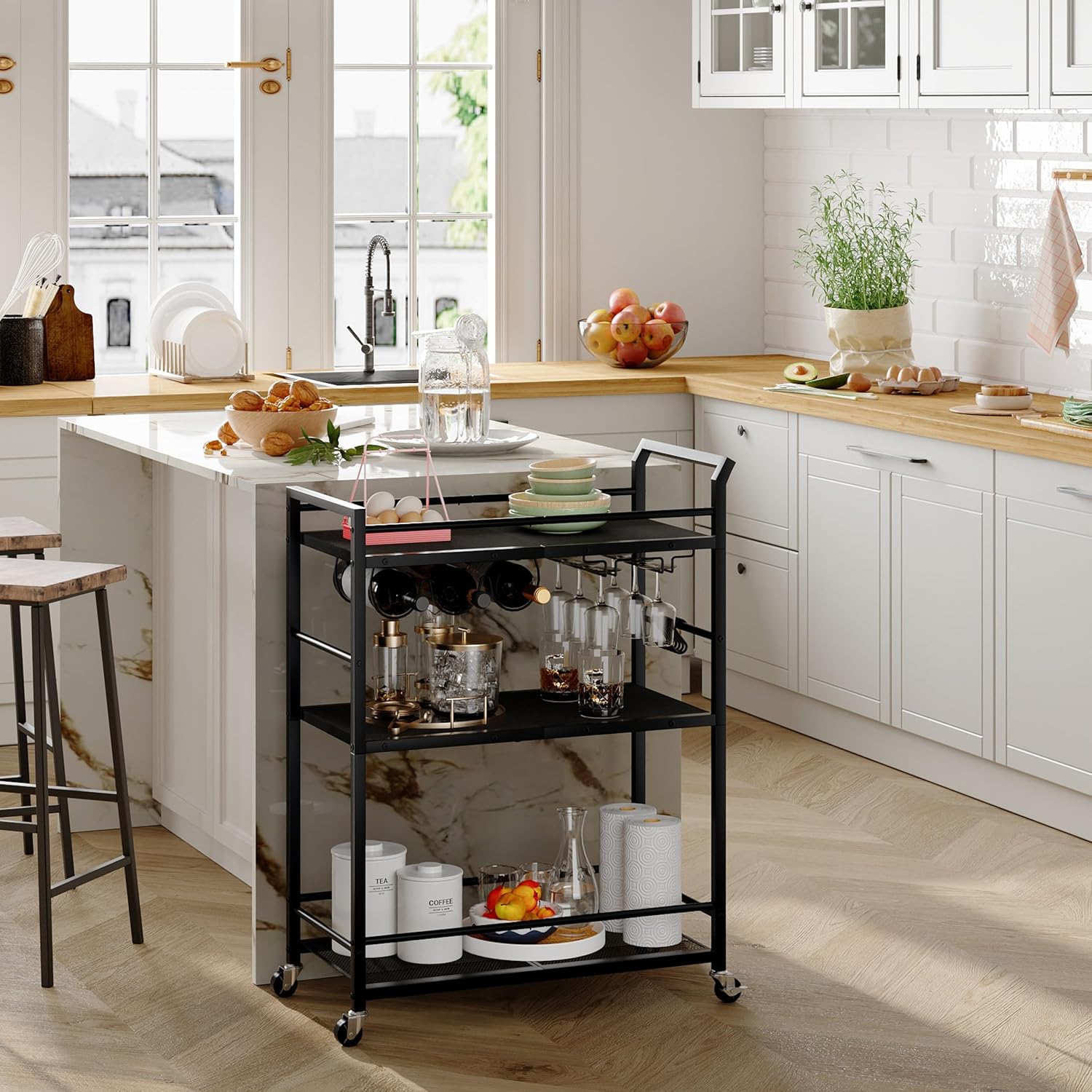 3 tier bar cart styled in living room near sofa with wine rack visible