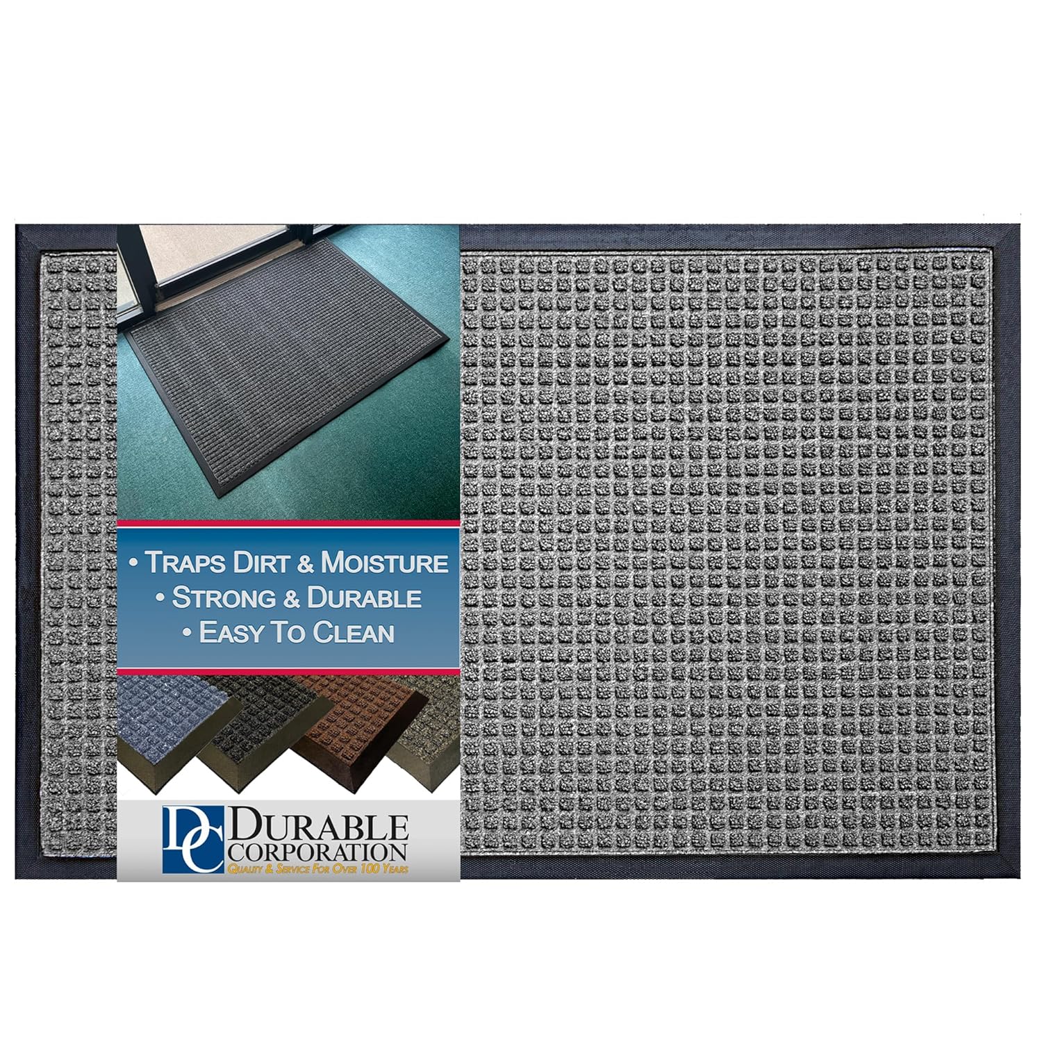 Durable Corporation-630S34GY Stop-N-Dry Indoor Rubber Backed Carpet Entrance Mat, 3' x 4', Gray