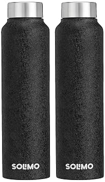Amazon Brand - Solimo Stainless Steel Fridge Water Bottle | 1000 ml | Textured Black Finish (Set of 2)