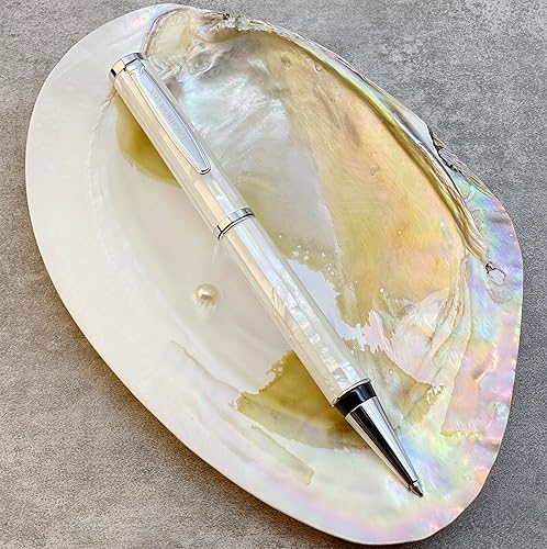 LACHIEVA lux ury - Bolígrafo de metal con concha de mar blanca y recambio Schmidt P900M de Alemania el mejor regalo para escribir bonito regalo para