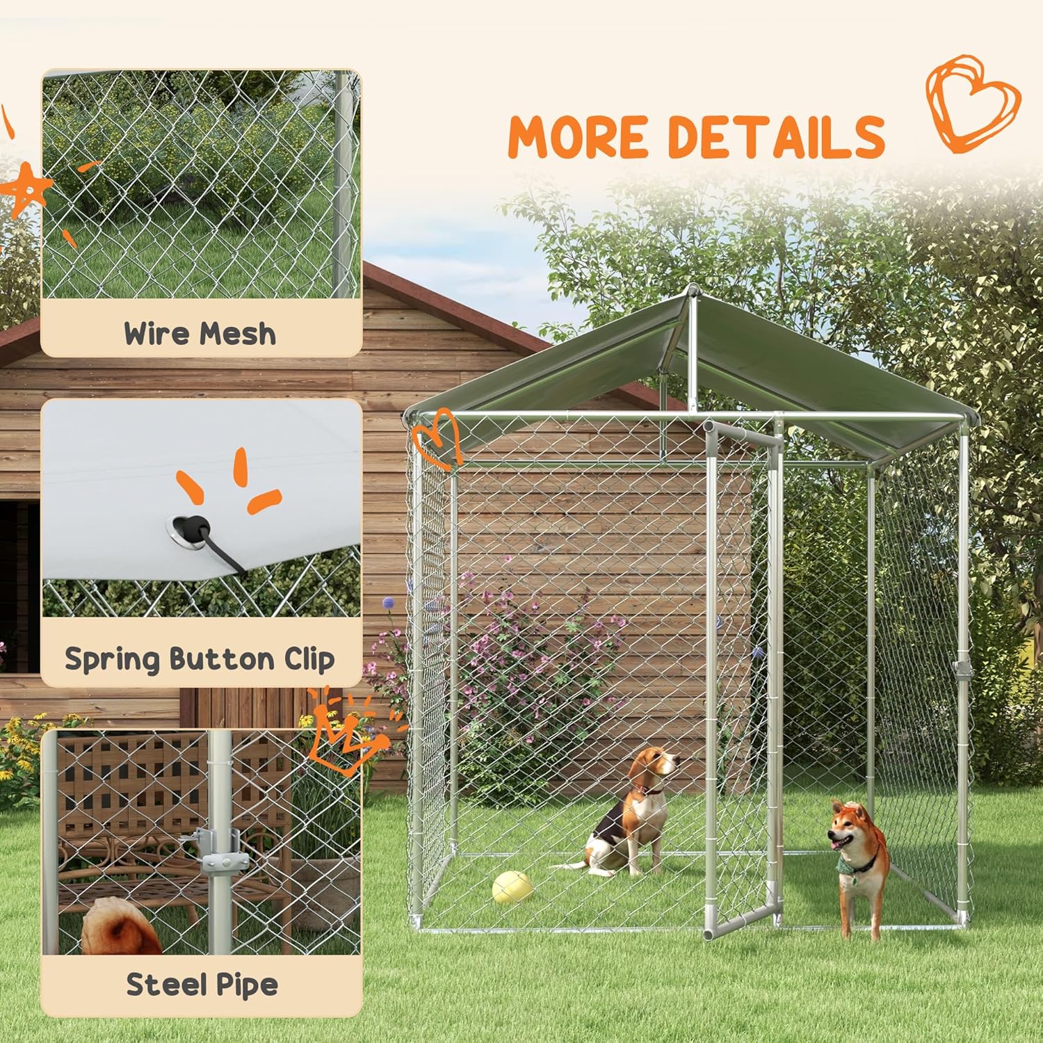 Close-up images showing wire mesh, a spring button clip, and steel pipes, with an overall view of the kennel structure.