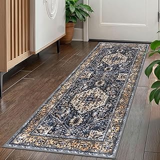 KOZYFLY Runners for Hallways 2x5 Ft Washable Kitchen Runner Rug Boho Runner Rug for Entryway Indoor Gold/Orange/Navy Printed Oriental Faux Wool Floor Carpet Runner for Laundry Room