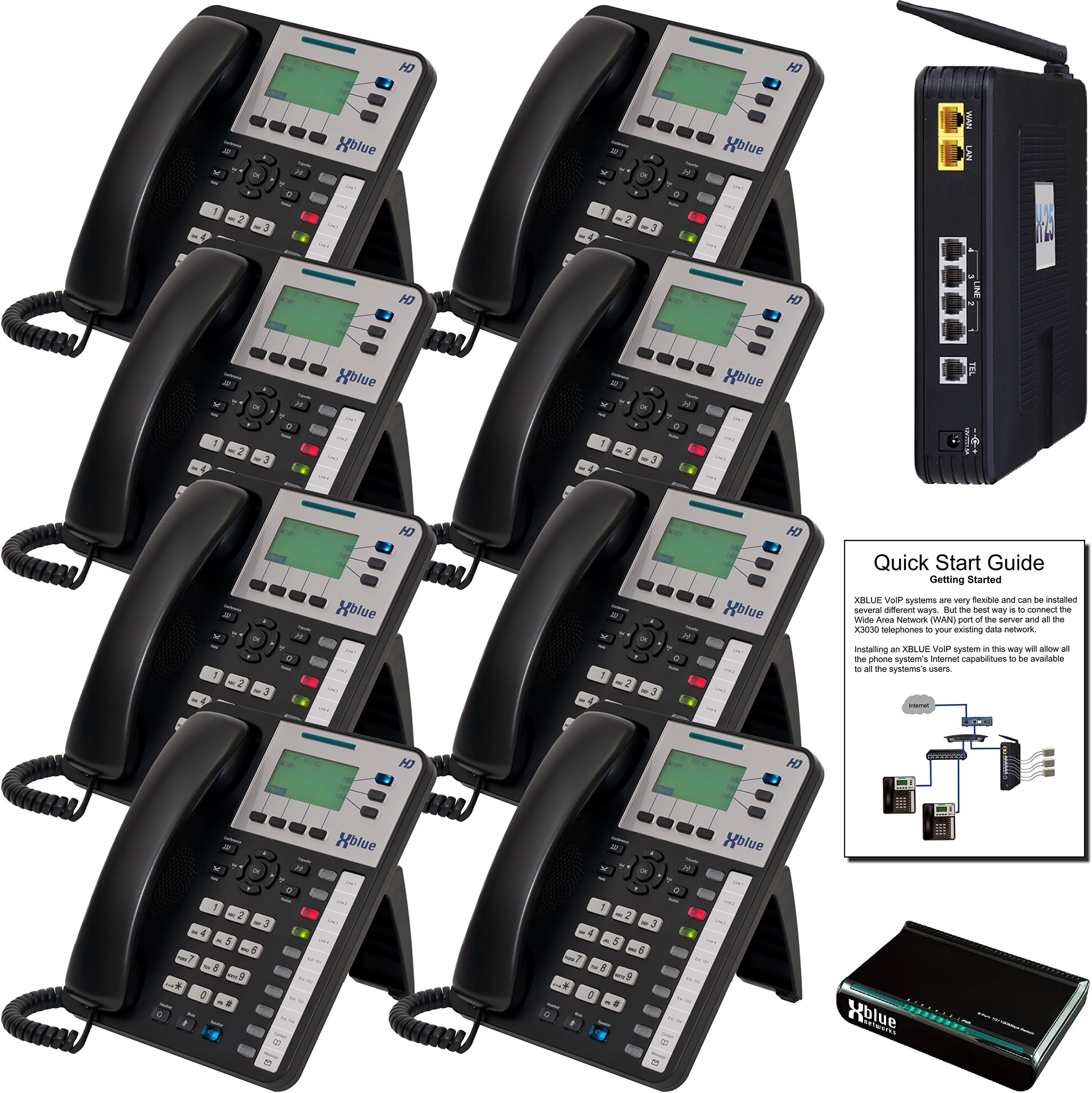 XBLUE X25 Phone System (C2508) with (8) X3030 IP Phones - Auto Attendant, Voicemail, Caller ID, Paging & Remote Phones