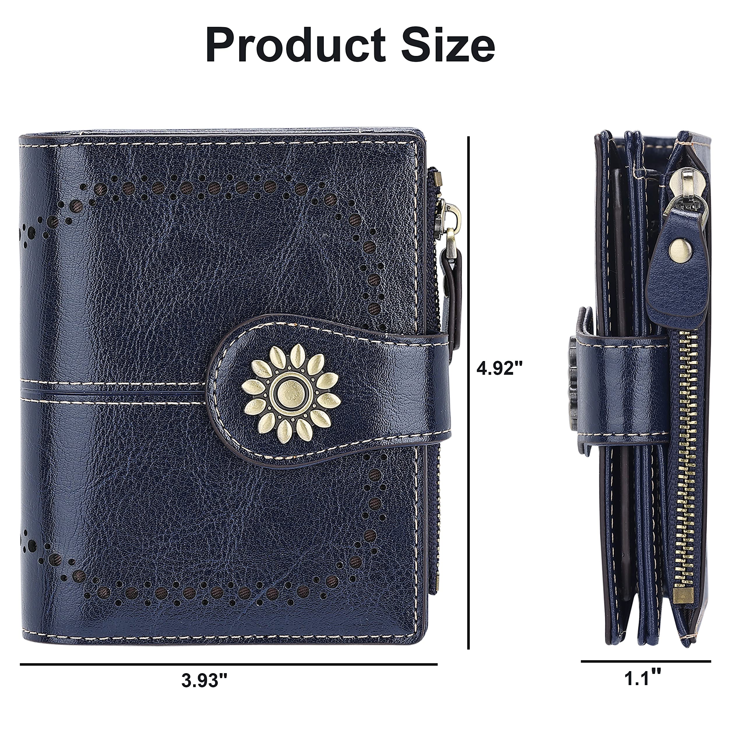 Lavemi Cartera de piel para mujer, pequeña, compacta, con bloqueo RFID, bolsillo con cremallera, Azul, Talla única