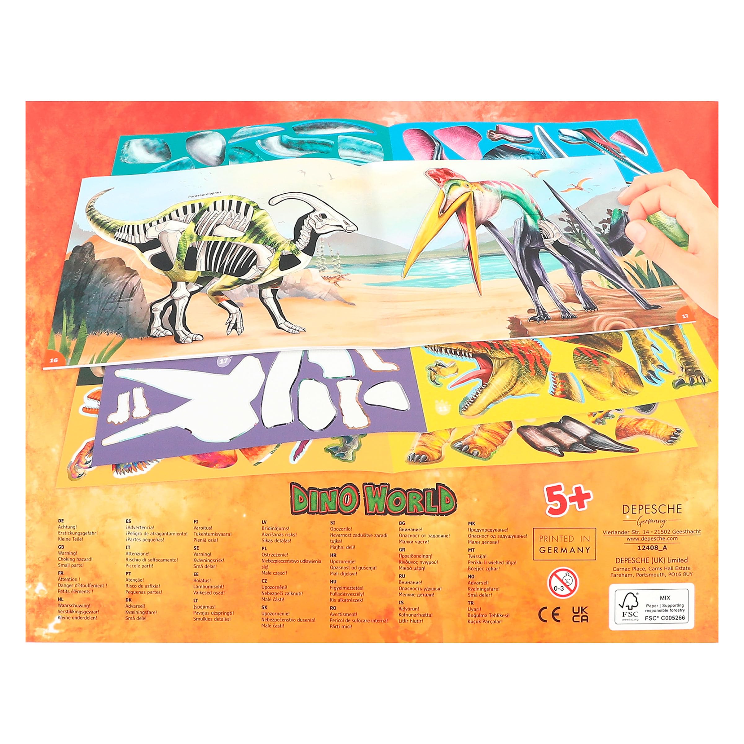 Depesche 12408 Dino World Sticker Fun - książka z naklejkami z 24 kolorowymi stronami do samodzielnego zaprojektowania tła, zawiera 250 naklejek