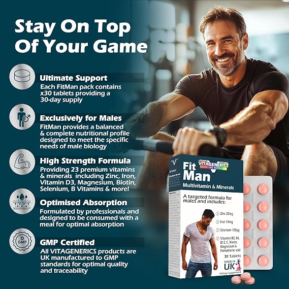 FitMan High Strength Multivitamin & Minerals | 30 Tablets| with Zinc, Iron, Biotin, Vitamin D, Magnesium, B-Complex & More! UK Made Supplement for Men