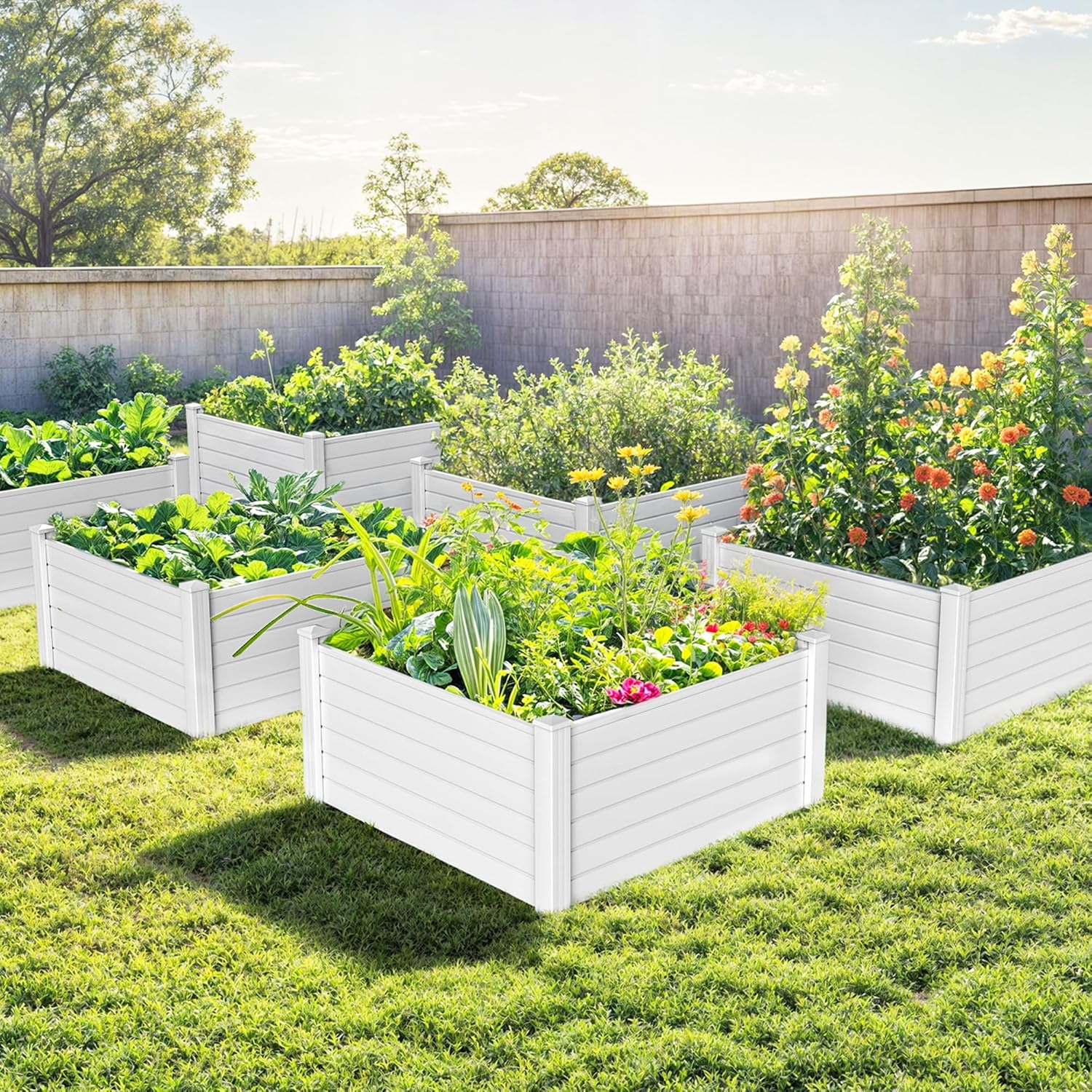 DWVO 4 x 4 x 2 FT Raised Garden Bed Kit, Outdoor Vinyl Flower Bed with Growth Grid, Large Plastic Planter Box for Vegetables, Flowers, Herbs, Fruits, White