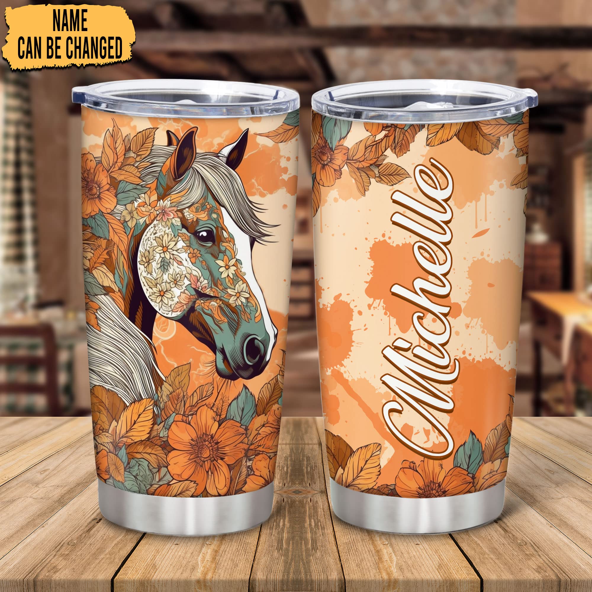 Hyturtle Personalized Gifts For Horse Lover - Horse Prints Custom Name Stainless Steel Tumbler 20oz With Lid - Idea Farm Animal Lover Gifts For Women Girl On Birthday, Christmas