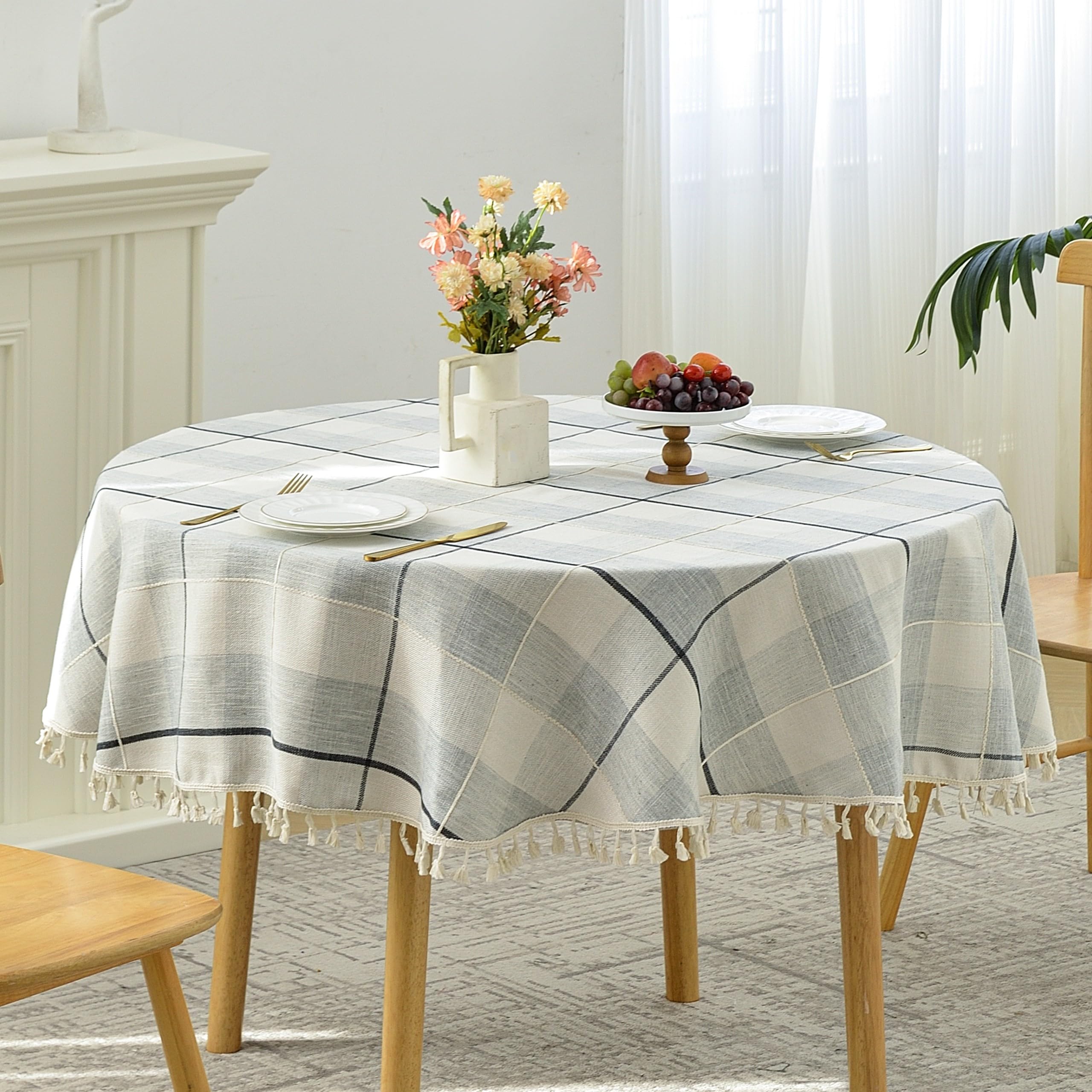 Yomeri Lattice Embroidery Round Tablecloth with Tassel, Heavy Duty Cotton Linen Fabric Wrinkle Resistant Table Cloth Cover for Kitchen Dining Party