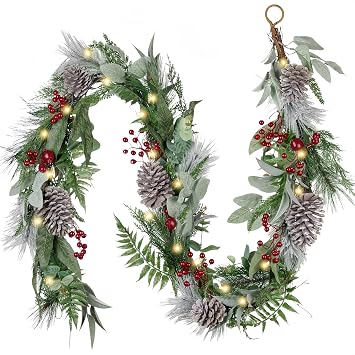 Valery Madelyn 6 Feet Pre-Lit Artificial Christmas Garland with Lights for Mantle, Lighted Red Berries Garland with Pinecones for Home Stairs Fireplace Table Centerpiece Indoor Outdoor Holiday Decor