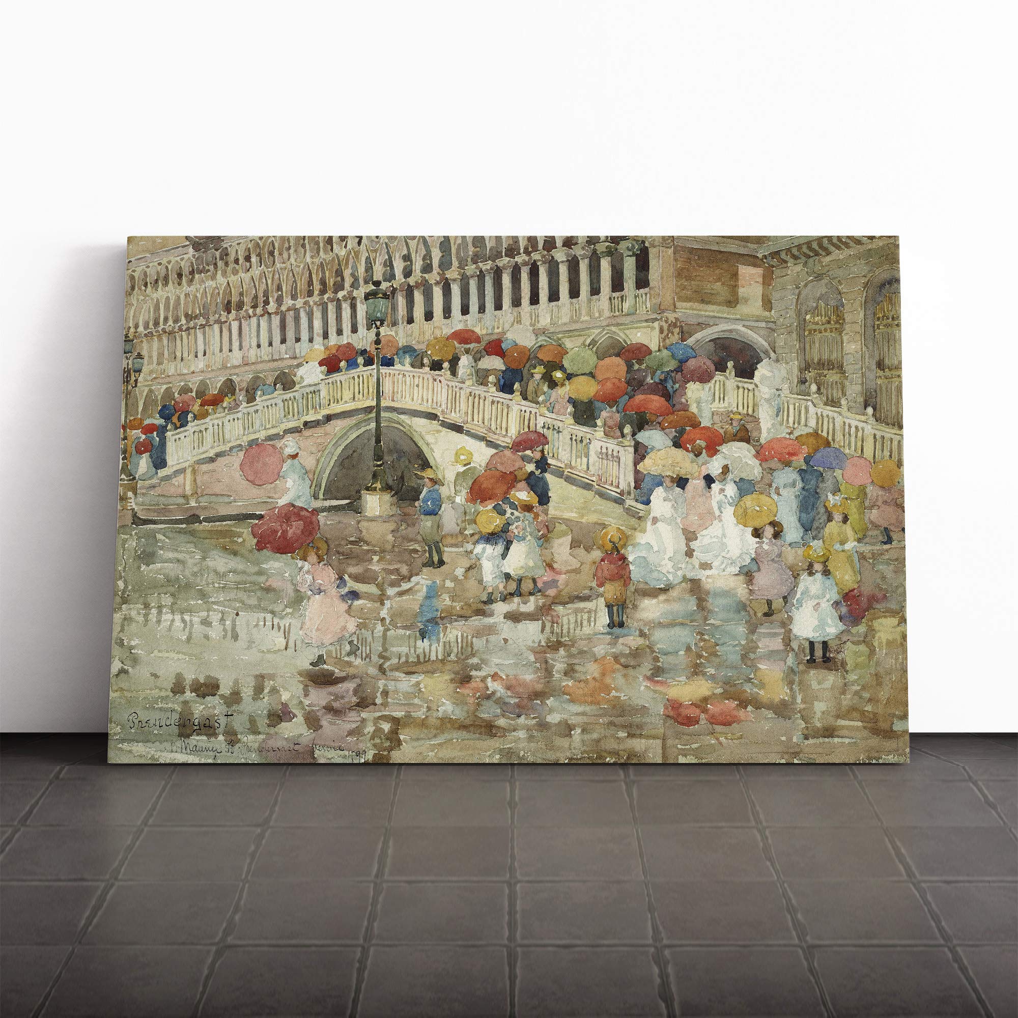 Maurice Pendergrast Umbrellas in The Rain Canvas Print | Gallery Wrapped 30mm Frame Wall Art | 24x16 inches | Ready to Hang | Modern Landscape Picture | Living Room Bedroom Lounge Office