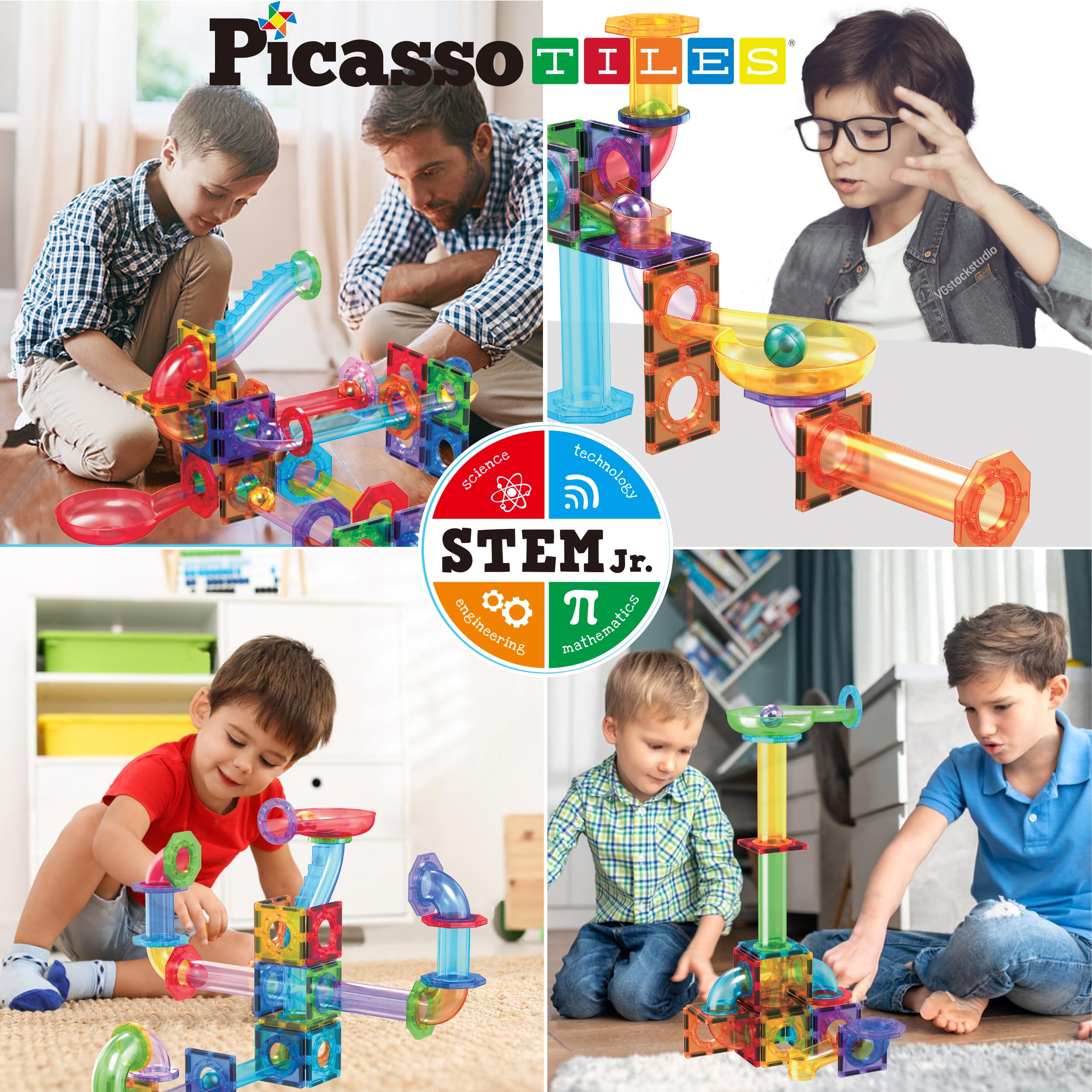 Magnetic Tiles Marble Run Set – 56 PCS DIY Building Blocks STEM Educational Toy for Kids (3+)
