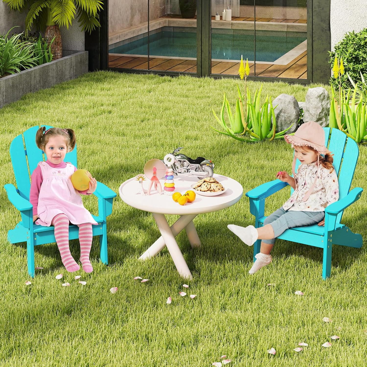 Costzon Kids Adirondack Chair, All-Weather HDPE Patio With High Backrest, Armrests, Fire Pit for Ages 3-8, Indoor Outdoor Lounge for Garden, Lawn, Yard (1,Turquoise)