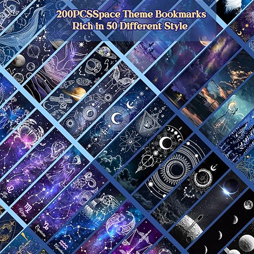 Miniatura 3 de 200 marcapáginas de noche estrellada de espacio fresco para niños, aula, 50 diseños, marcadores a granel de doble cara con temática espacial para