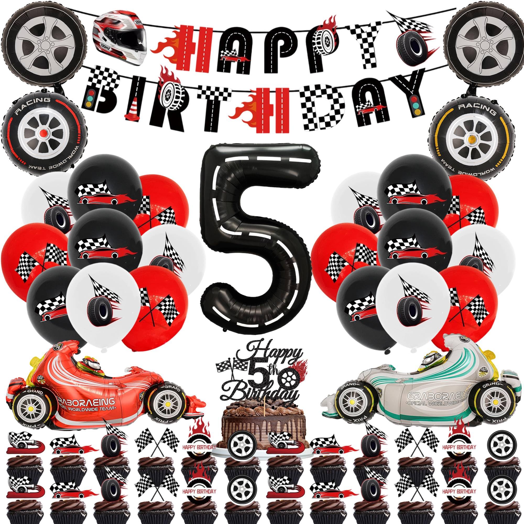Race Car 5th Birthday Decorations - 51 Pcs Racing Car Themed Banner, Number 5 Motorcycle Balloon and Cupcake Cake Toppers for Boy 5 Year Old Kids Party Supplies