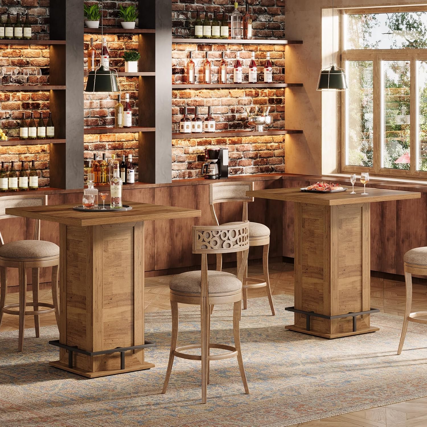 Tribesigns 39.4" H Square Bar Table, Industrial High Top Bistro Pub Cocktail Table with Metal Footrest for Kitchen Nook, Home Bar, Small Bars, Rustic Brown (Table Only)