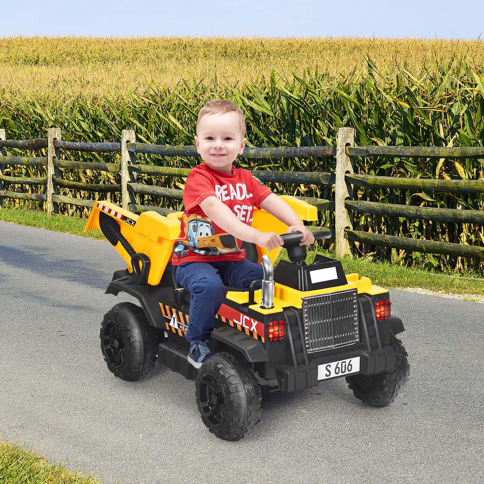 DREAMADE 12V Elektro Traktor mit Heckschaufel, Kindertraktor mit 2,4G Fernbedienung & Licht & Musik & Radio & USB, Aufsitztraktor, Elektrofahrzeug, Kinderfahrzeug, Trettraktor bis 30kg belastbar, Gelb