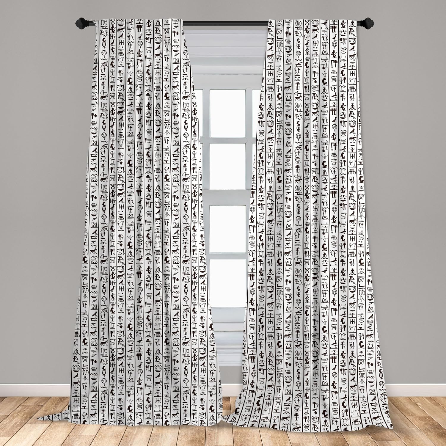 Ambesonne Egyptian Print Curtains, Vertical Borders Hieroglyphics Alphabet Language Cultural, Window Treatments 2 Panel Set for Living Room Bedroom, Pair of - 28" x 95", White Charcoal