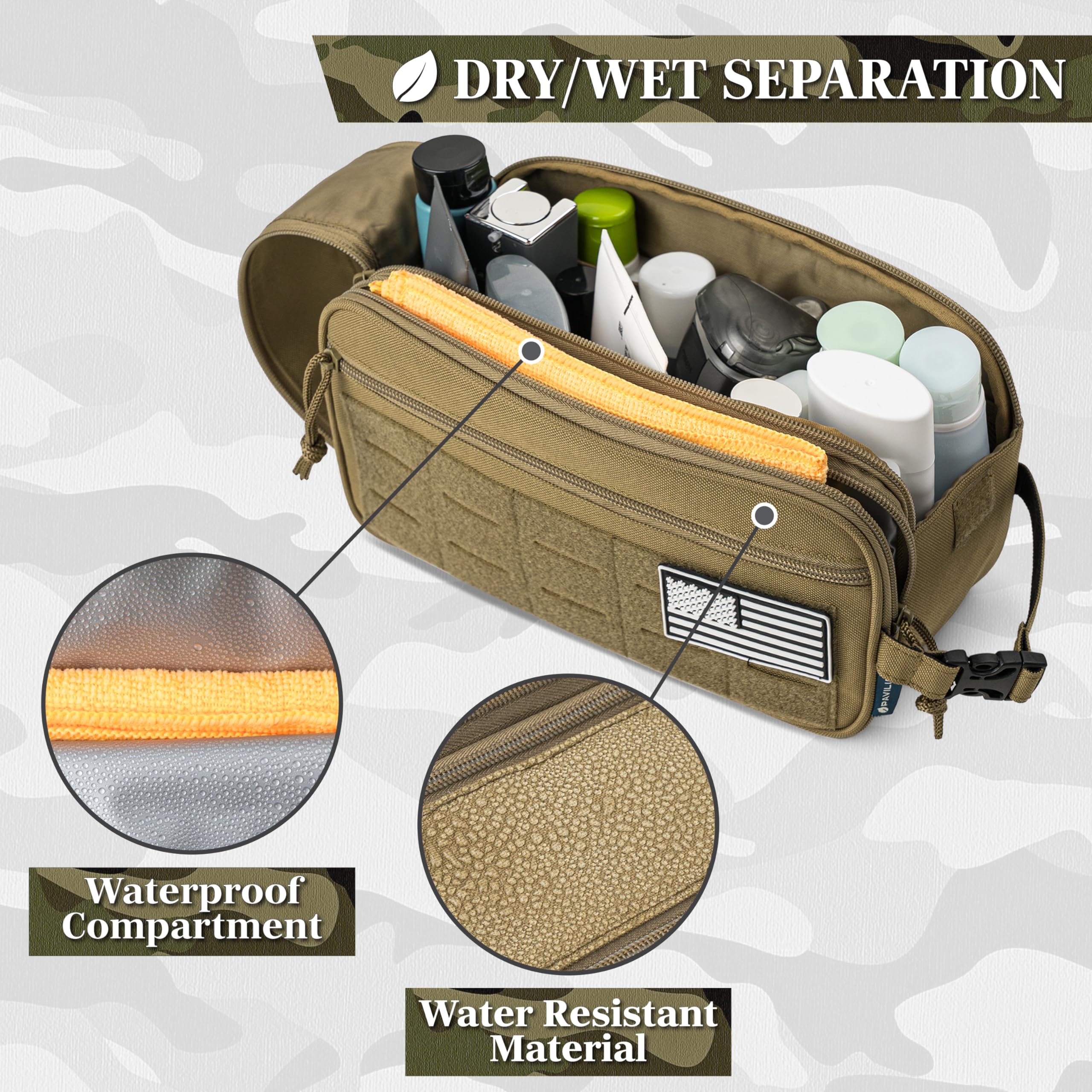 PAVILIA Tactical Toiletry Bag for Men, Water-Resistant MOLLE Travel Organizer