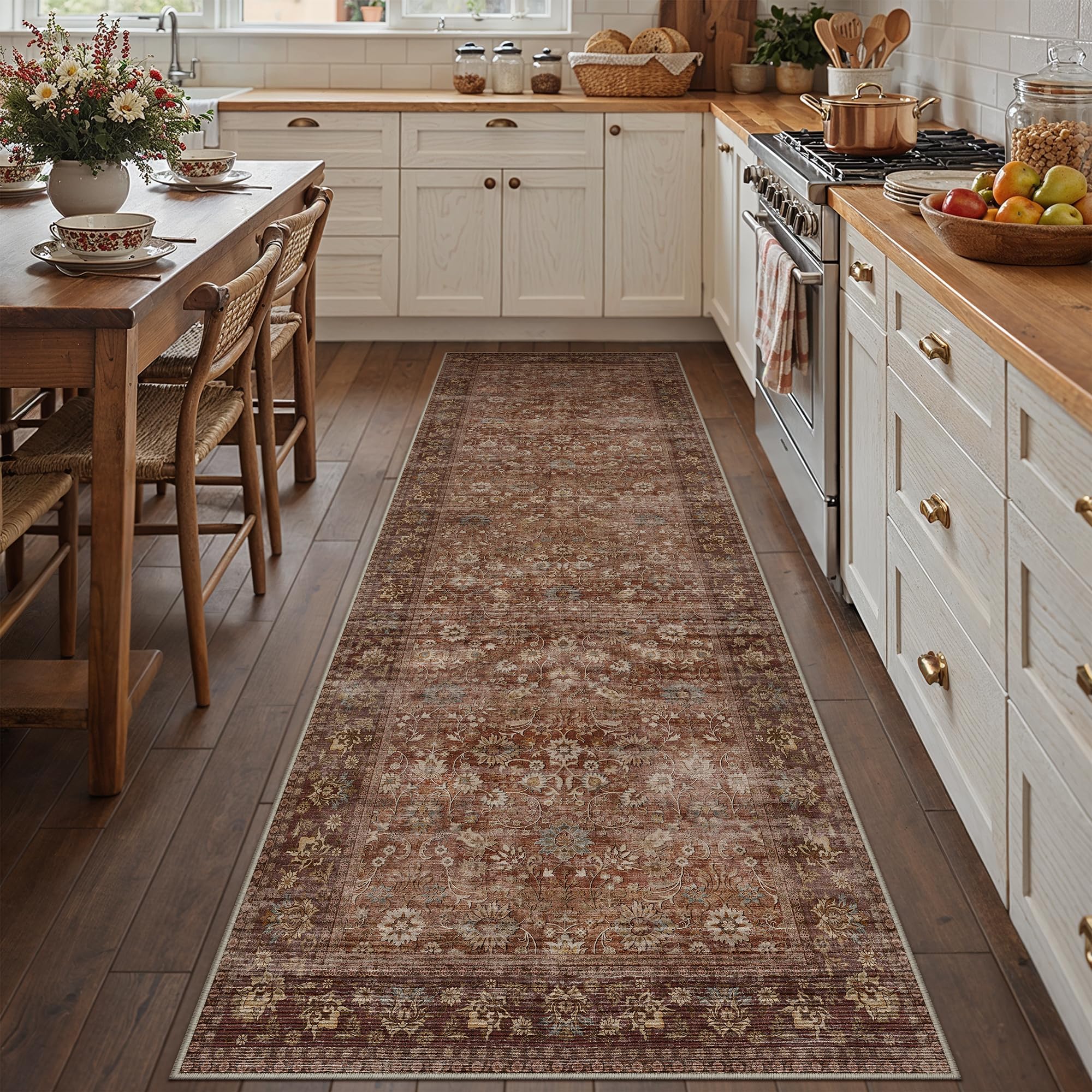 HUGEAR 3x10 Runner Rug Machine Washable Brick Red Hallway Area Rug Indoor Accent Rug Floral Low Pile Carpet Soft Throw Rug Bedroom Living Room Office Dining Room Kitchen Laundry Room Non Slip