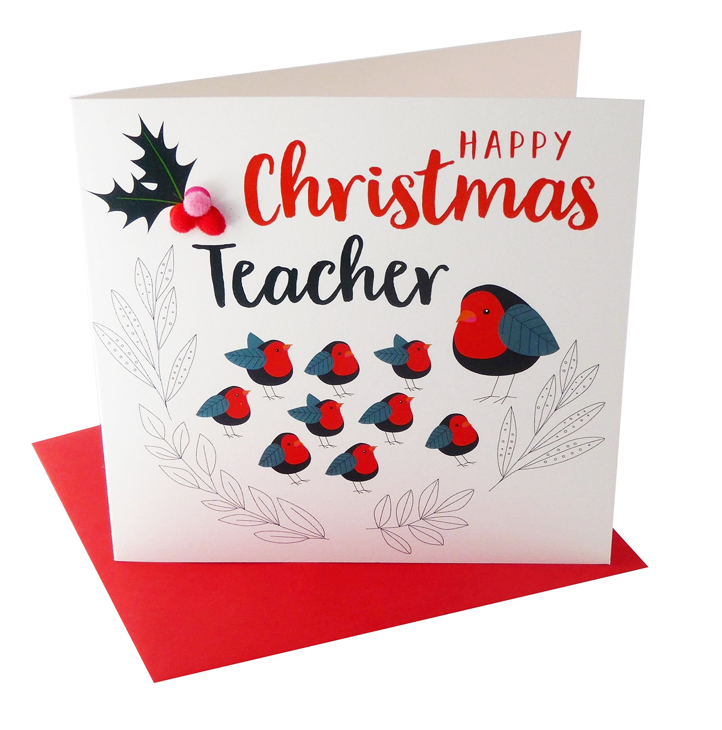 Claire Giles Greeting Cards, Happy Christmas Teacher Card, Robin Classroom Mistletoe Design Xmas Greeting Card, Embellished with Colourful Pompoms