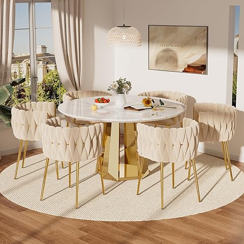 Miniatura 38 de Moderno juego de mesa redonda de comedor para 4, juego de mesa de comedor de mármol blanco de 5 piezas, mesa de comedor dorada de lujo y 4 sillas