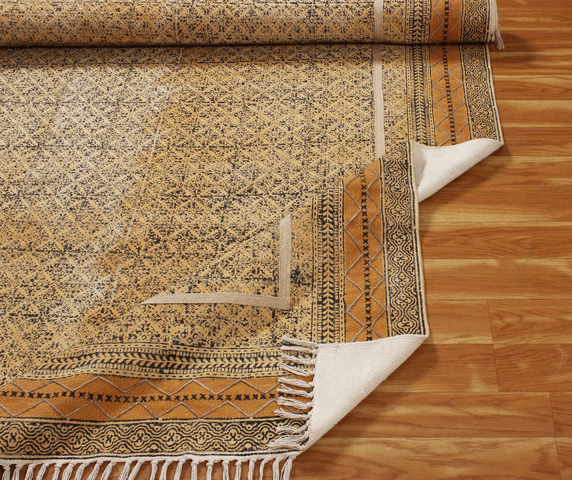 Baumwolle Dhurrie Boho Kelim Handgefertigter Teppich Handblockdruck Teppiche Flachgewebe Überwurf Teppich Indoor Esszimmer Dekor Teppich Boho Kelim 120 x 450 cm (4 x 15 Fuß Läufer)
