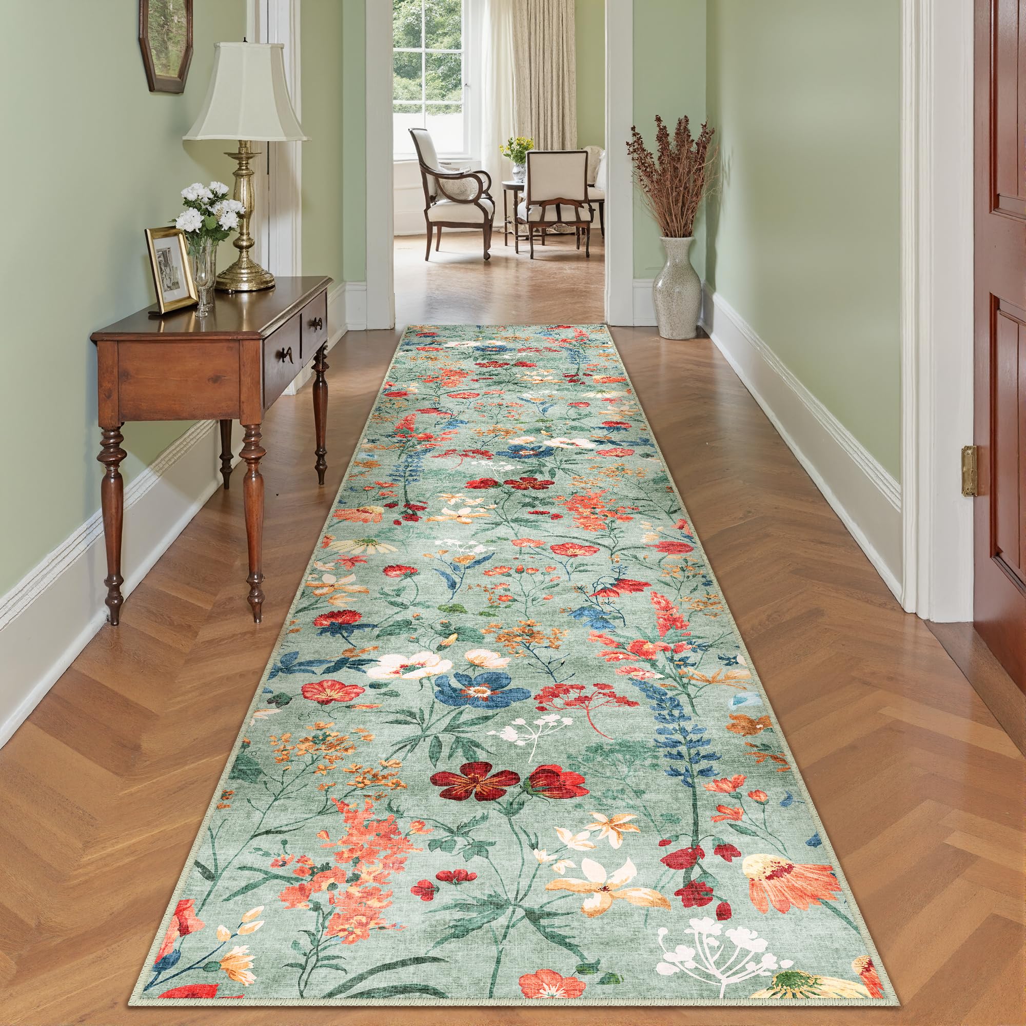HUGEAR Hallway Runner 80x400cm Green Floral Kitchen Runners Washable
