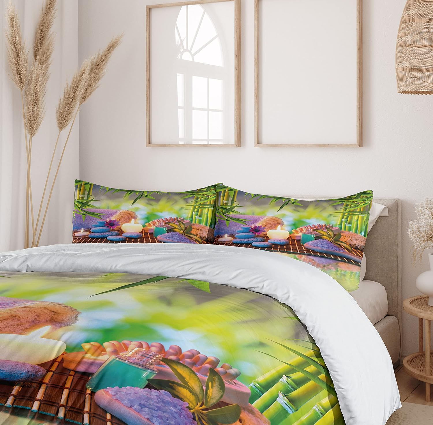 Ambesonne Spa Themed Duvet Cover Set, Stones Candles and Eastern Folk Relaxation Themed Botanical Trees Scene Print, Decorative 3 Piece Bedding Set with 2 Pillow Shams, Queen Size, Multicolor