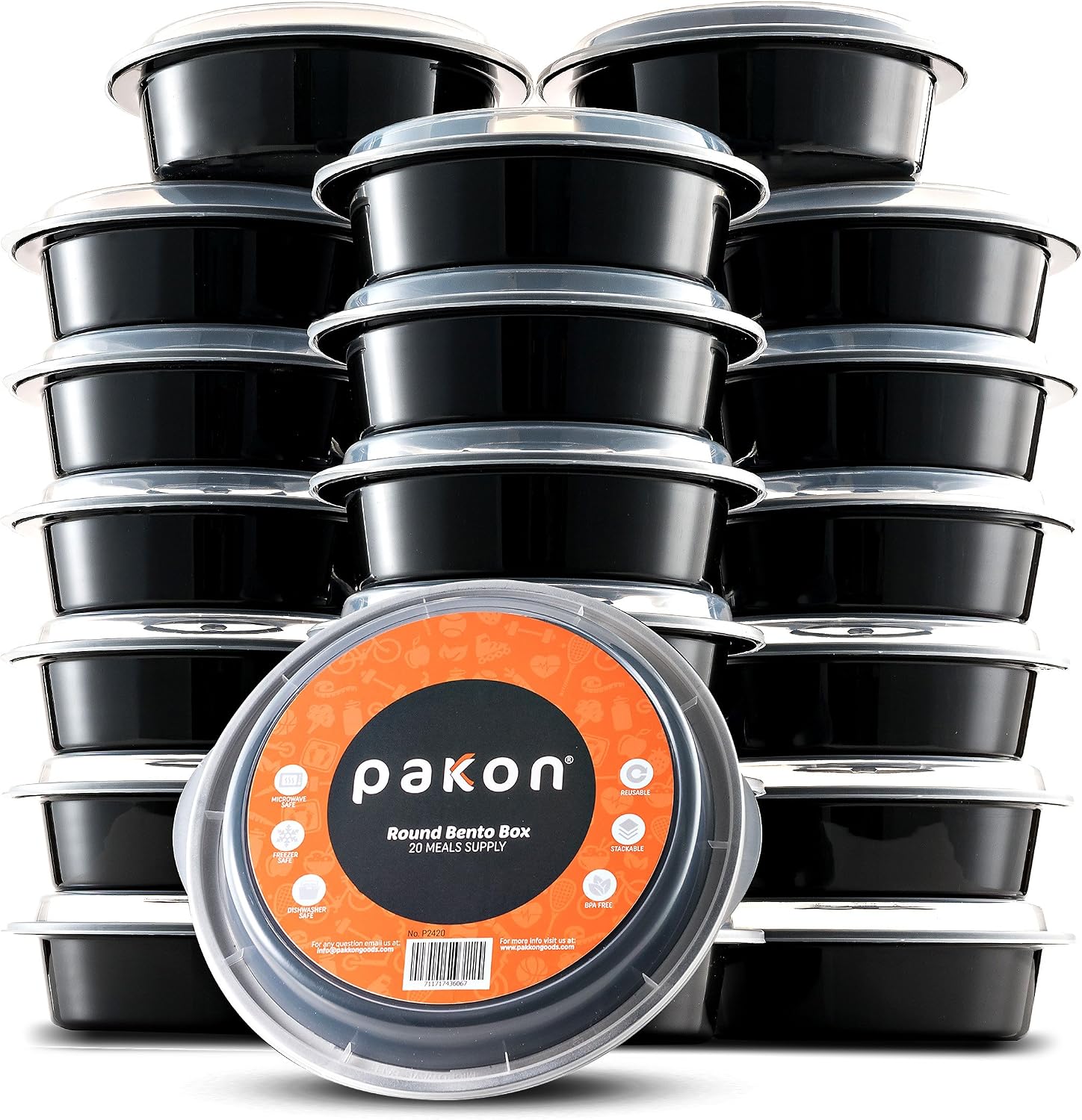 Pakkon Durable Round Bento Lunch Box/Containers With Clear Lid/Japanese Bento Box/Food Storage Container Set/Leak proof/Freezer Safe/Dishwasher Safe/BPA Free / 24 ounce [20 pk]