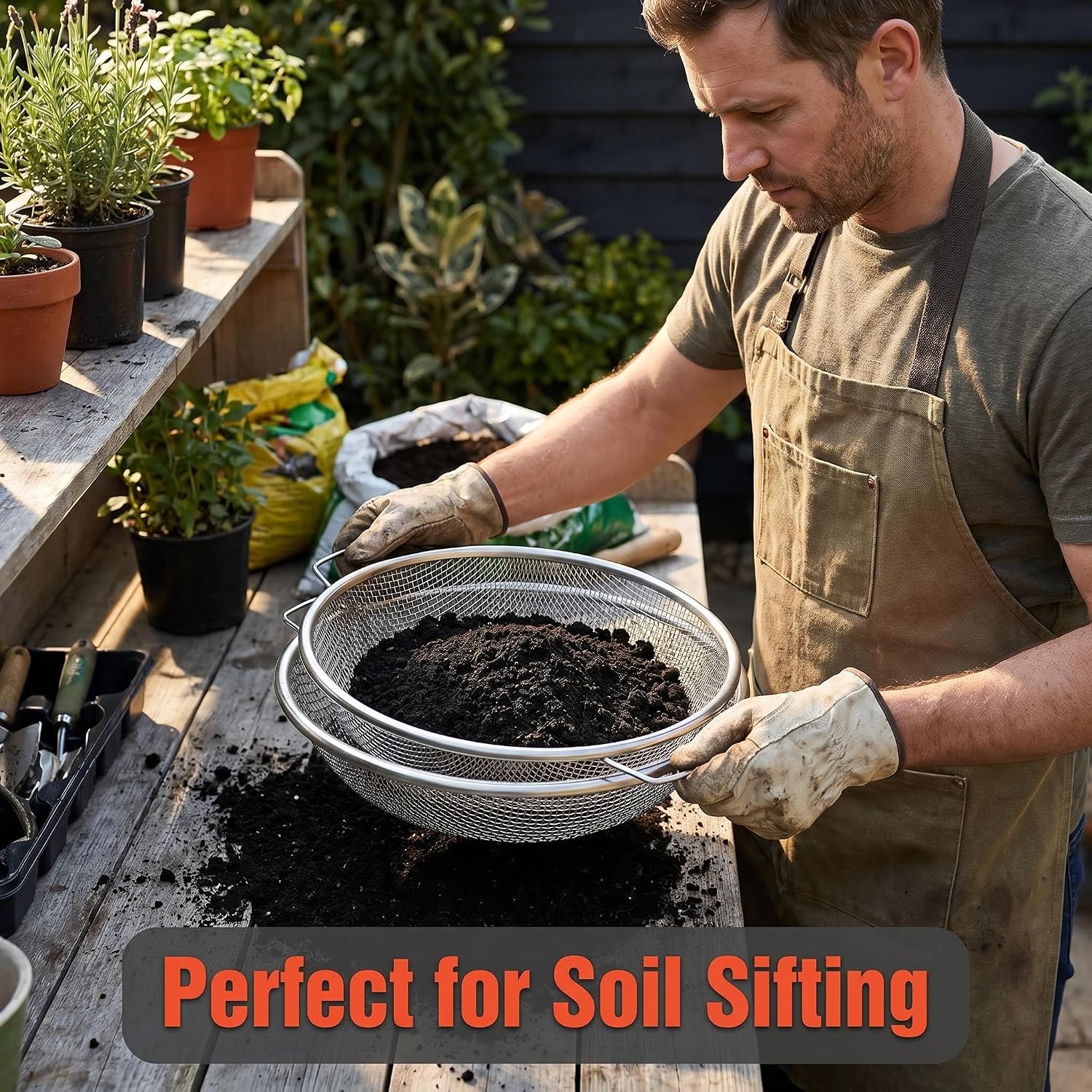 2PCS Round Soil Sifter, Stainless Steel Durable, Sturdy, and Easy to Clean, 3mm, 6mm Mesh, with Handles, for 5-Gallon Bucket, Gardening Sieve