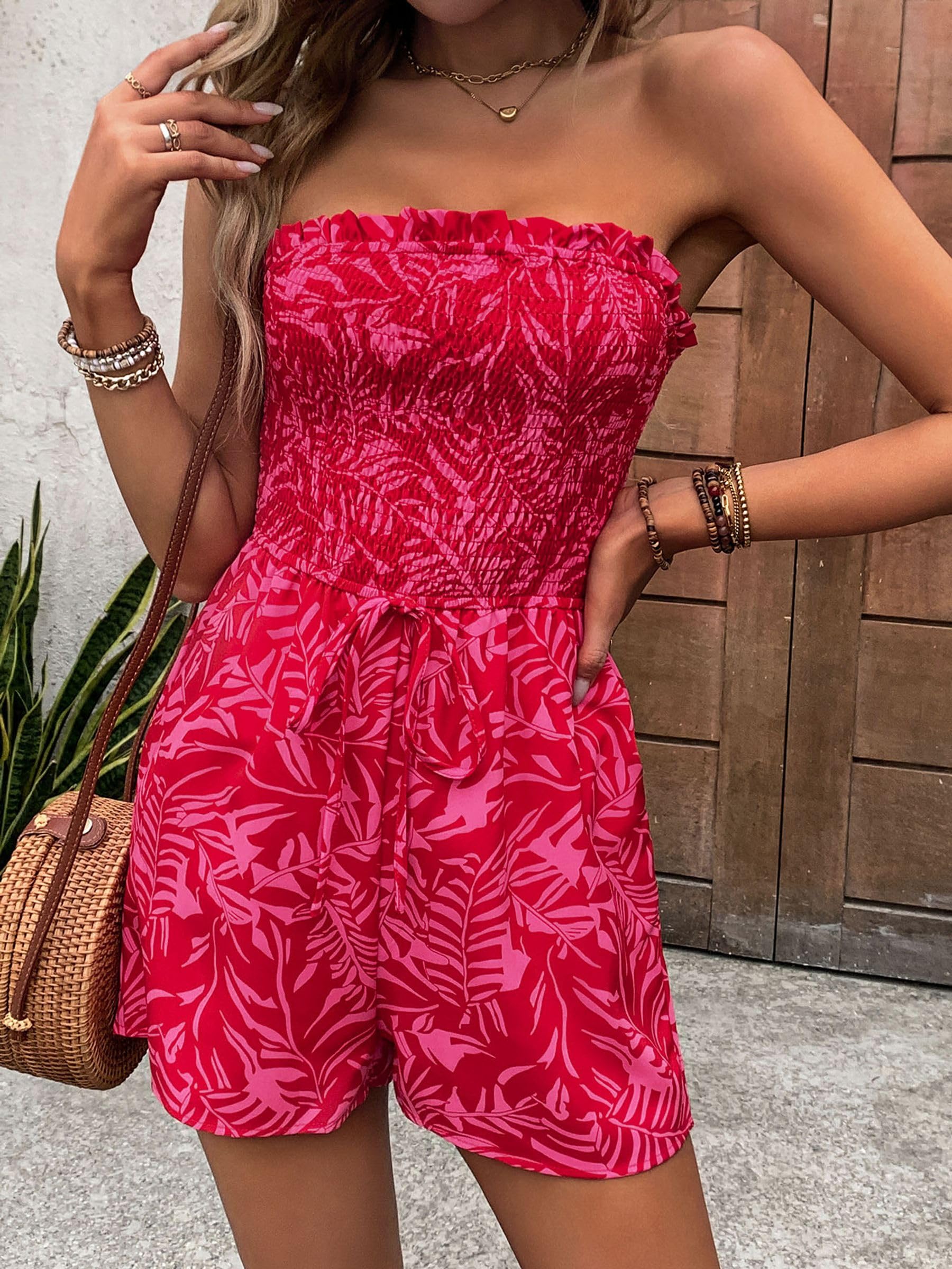 Combishort Femme Bohème Plage Romper Été Imprimé Bustier Fleur Sans Bretelles Short 2025 Tendance