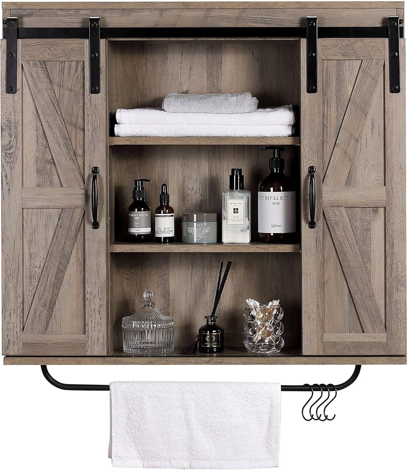 RUSTOWN Rustic Wood Wall Storage Cabinet with Two Sliding Barn Door, 3-Tier Decorative Farmhouse Vintage Cabinet for Kitchen Dining, Bathroom, Living Room, Washed Oak