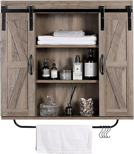 RUSTOWN Armario de almacenamiento de pared de madera rústica con dos puertas correderas de granero, armario decorativo de 3 niveles para cocina,