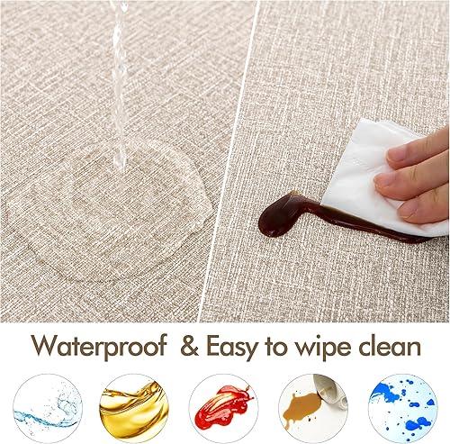 Miniatura 3 de Fitable Paquete de 2 manteles redondos de lino sintético con reverso de franela, mantel elástico ajustable de vinilo impermeable para picnic al aire