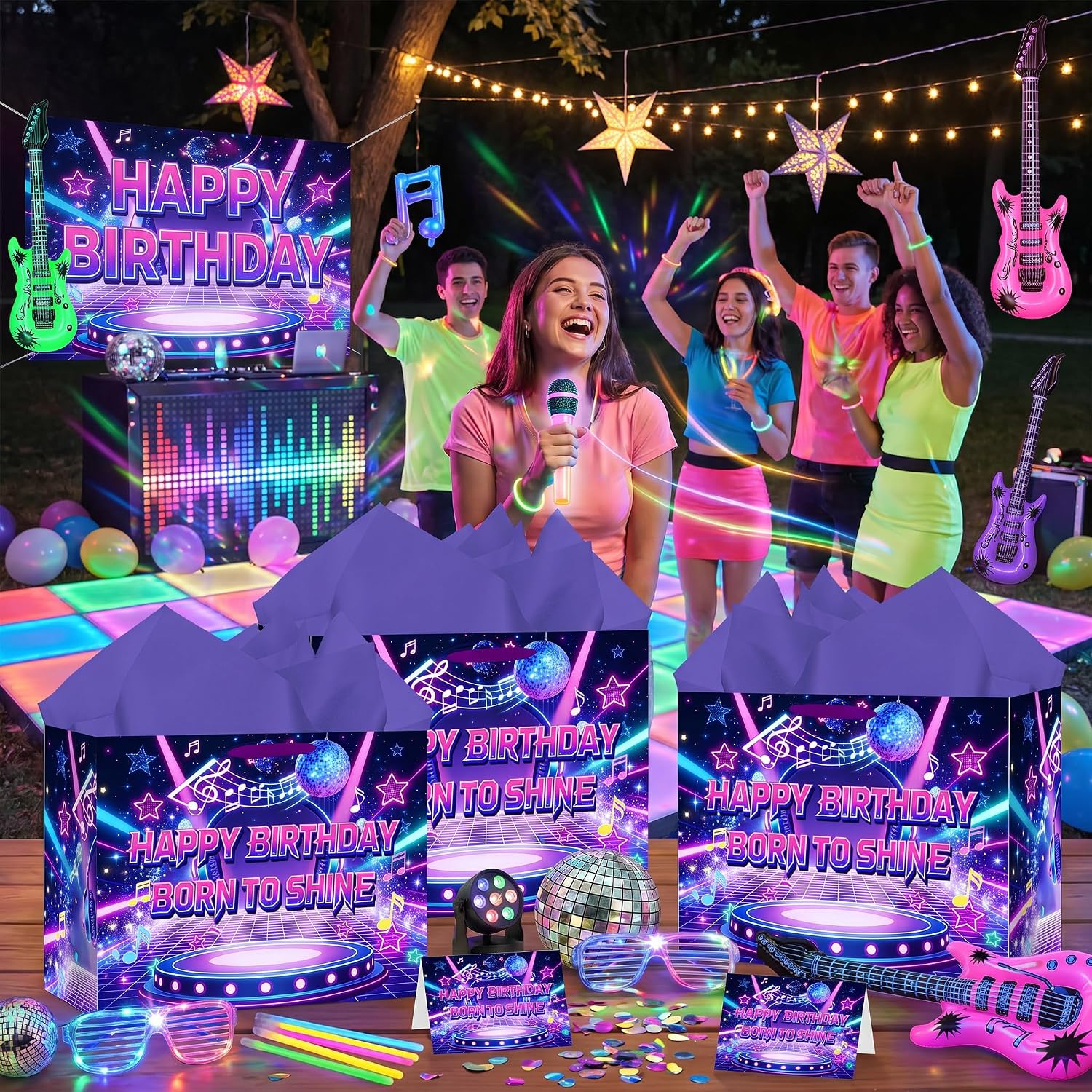 TagreSpike Kpop Birthday Gift Bag with Tissue Paper and Card Large Disco Music Gift Bag for Girls Teens Born to Shine Kpop Wrapping Paper Party Decor for Girls Birthday Party Supplies 11.8in
