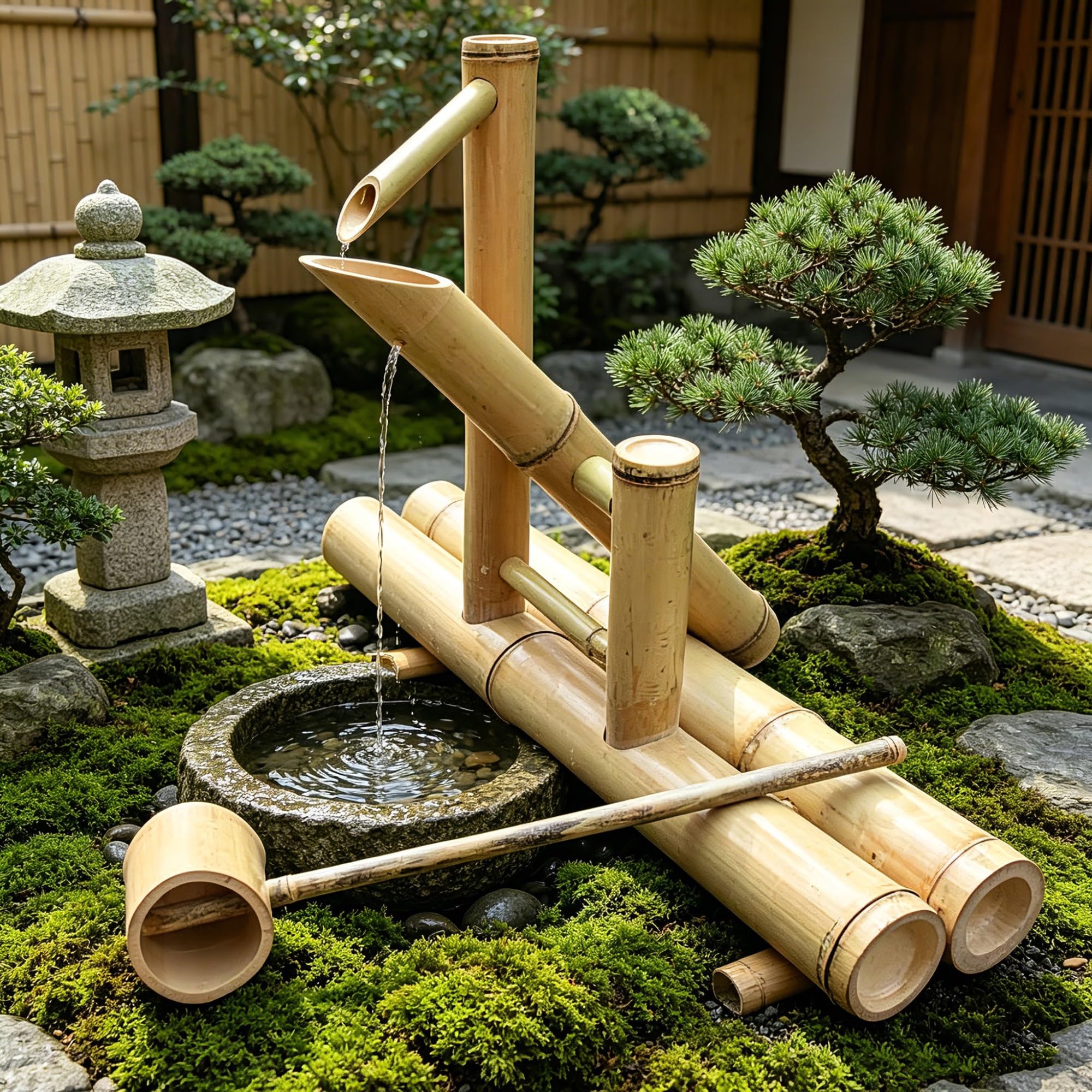 Fontana da giardino Zen, kit fontana in bambù ad energia solare in stile giapponese con pannello solare, pompa 'acqua e mestolo, decorazione fai da te for giochi d'acqua for interni