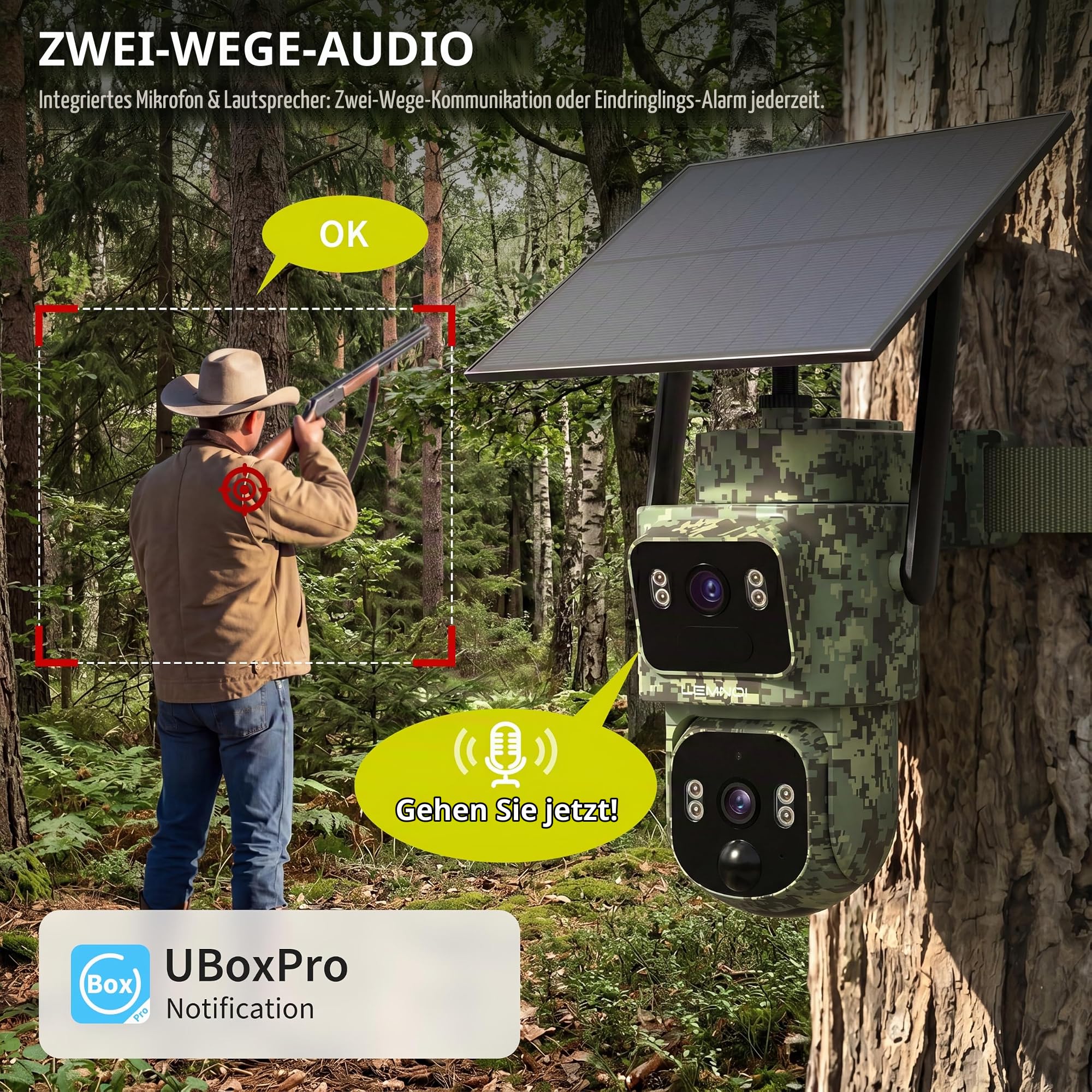 Lemnoi 4G Solar Wildkamera mit Dual-Objektiv, 2K HD, Objektverfolgung, IP66