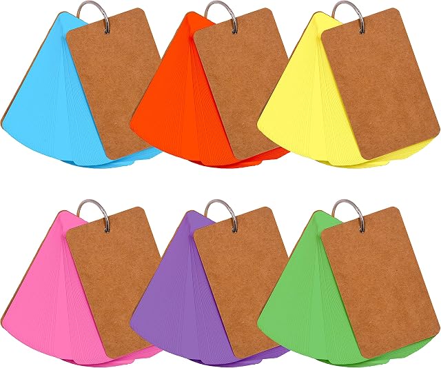 300 Pcs Rainbow Colored Blank Customizable Index Flash Study Note Card Pad Kraft Paper with Binder Ring (50 Sheets in 6 Colors per Set)