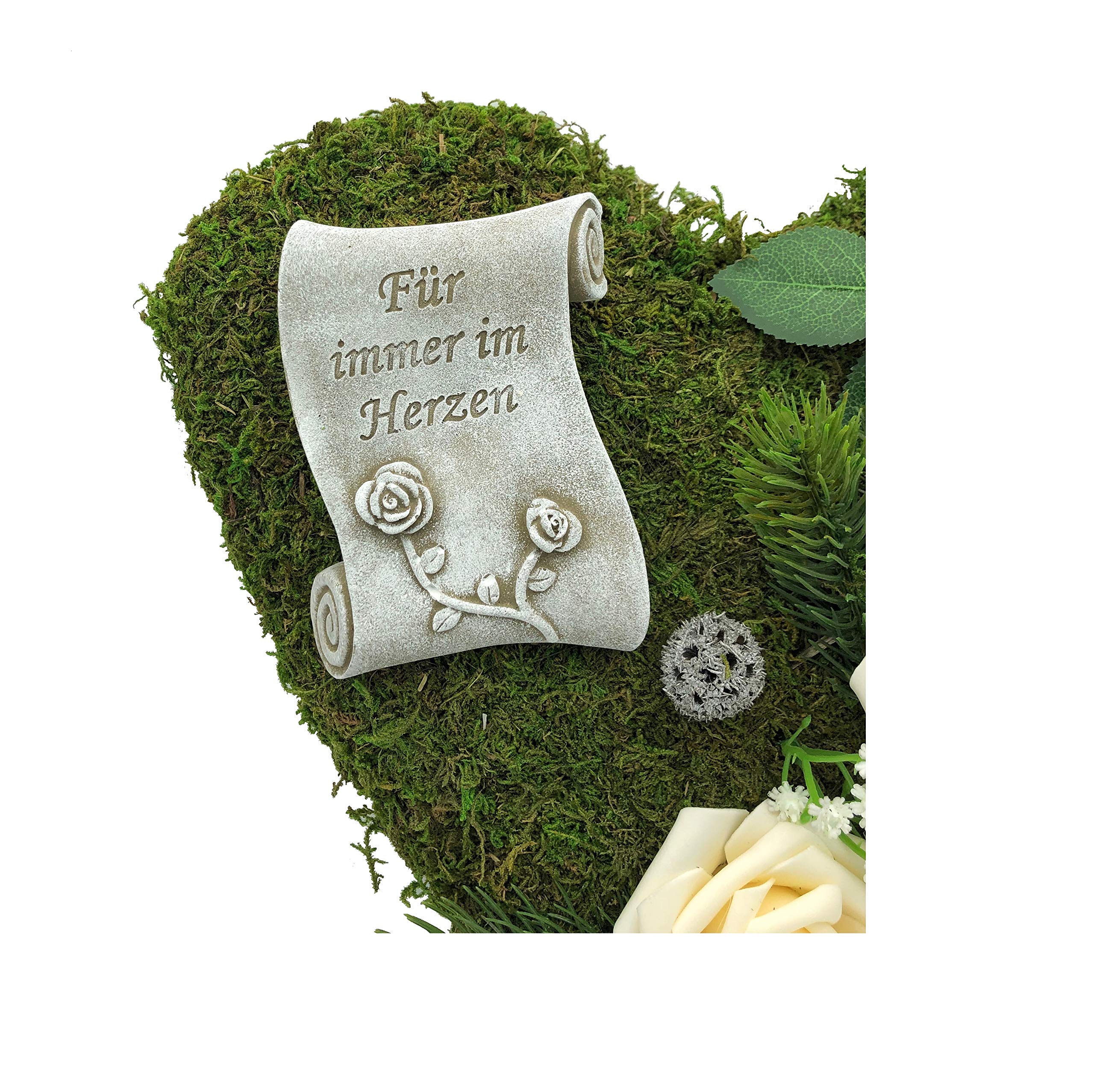 Grabgesteck Grabschmuck Grabaufleger Moosherz Grabherz Trauerherz Grab Herz Gesteck Rosen mit Schriftrolle Für Immer im Herzen (Rosen Creme)