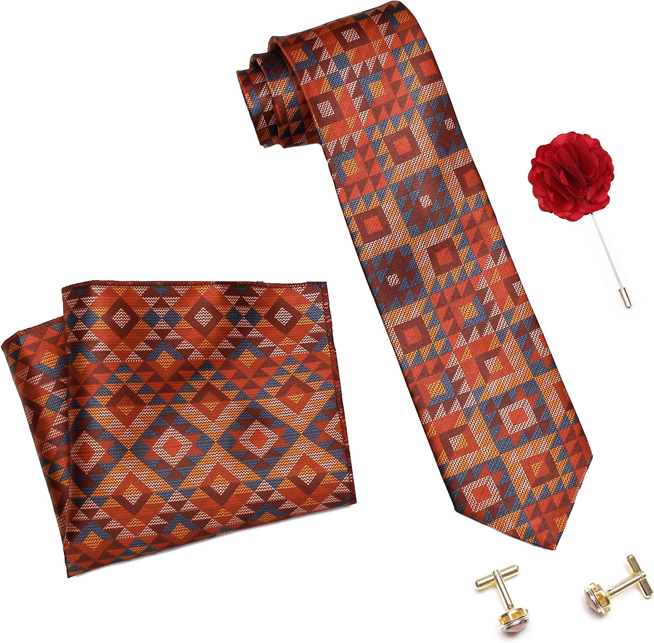 AxlonMen's Micro Polyester Printed Necktie Set with Pocket Square, Brooch Pin and Cufflinks (Multicolour, Free Size)