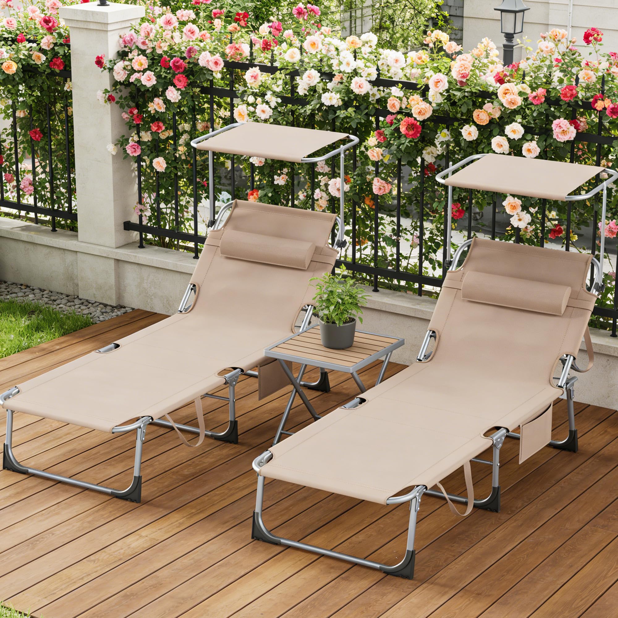 Soontrans 2PCS Große Sonnenliege mit Dach, 194 x 67.5 x 29cm, Gartenliege Klappbar, Liegestuhl Garten mit Verstellbarer Rückenlehne, Seitentasche, Kopfkissen, bis zu 150 kg, für Garten (Khaki)