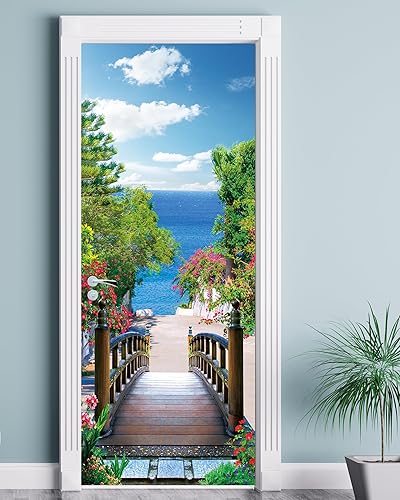 FLFK Adhesivo mural para puerta, diseño de playa, despegar y pegar, tamaño combinado 32 x 80 pulgadas, dividido en 2 piezas