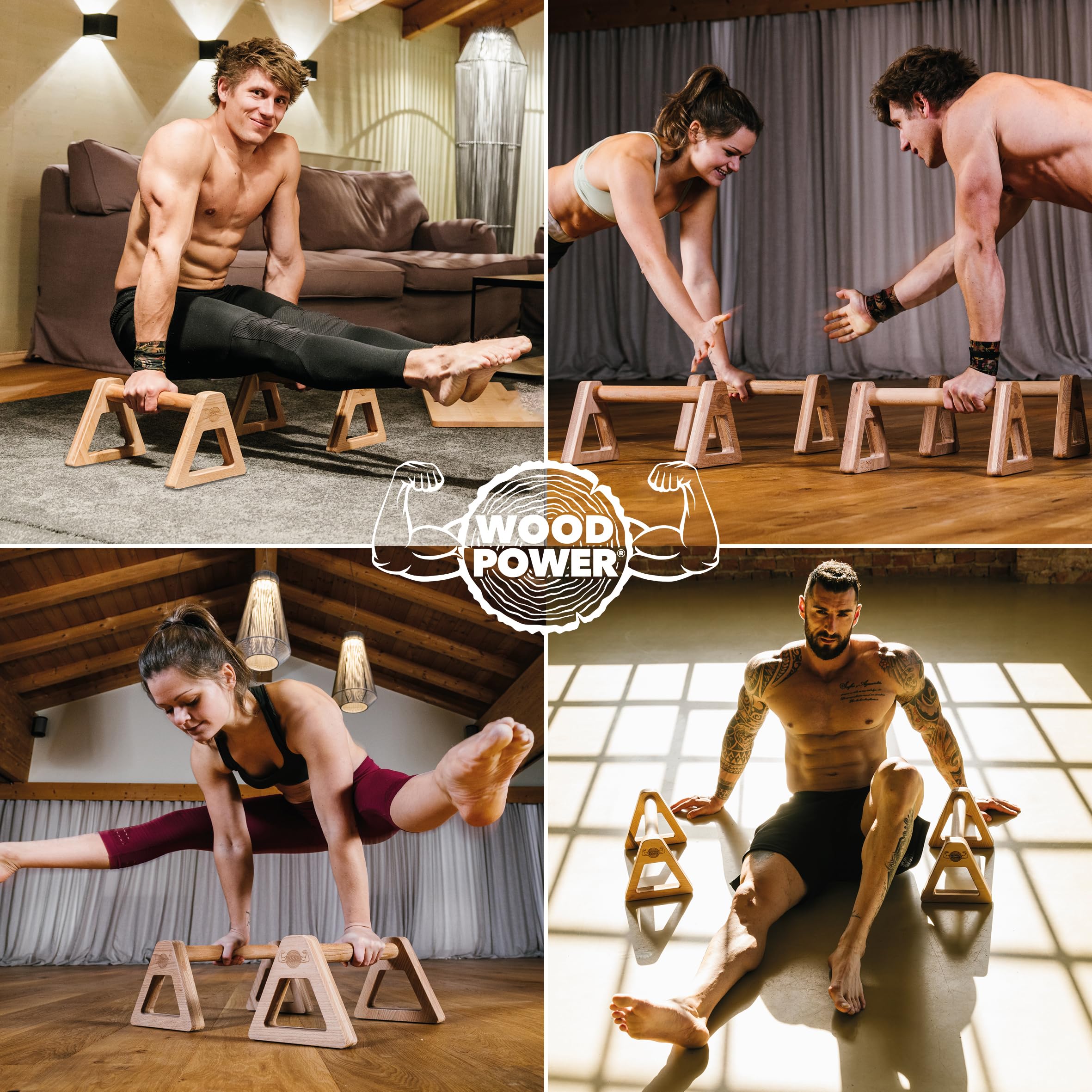 WOODPOWER® PowerBars Holz-Parallettes für Liegestütze, Liegestützgriffe Holz, Handstände, Yoga & Calisthenics, rutschfest, für Indoor & Outdoor, gelenkschonend, Körpergewichtstraining