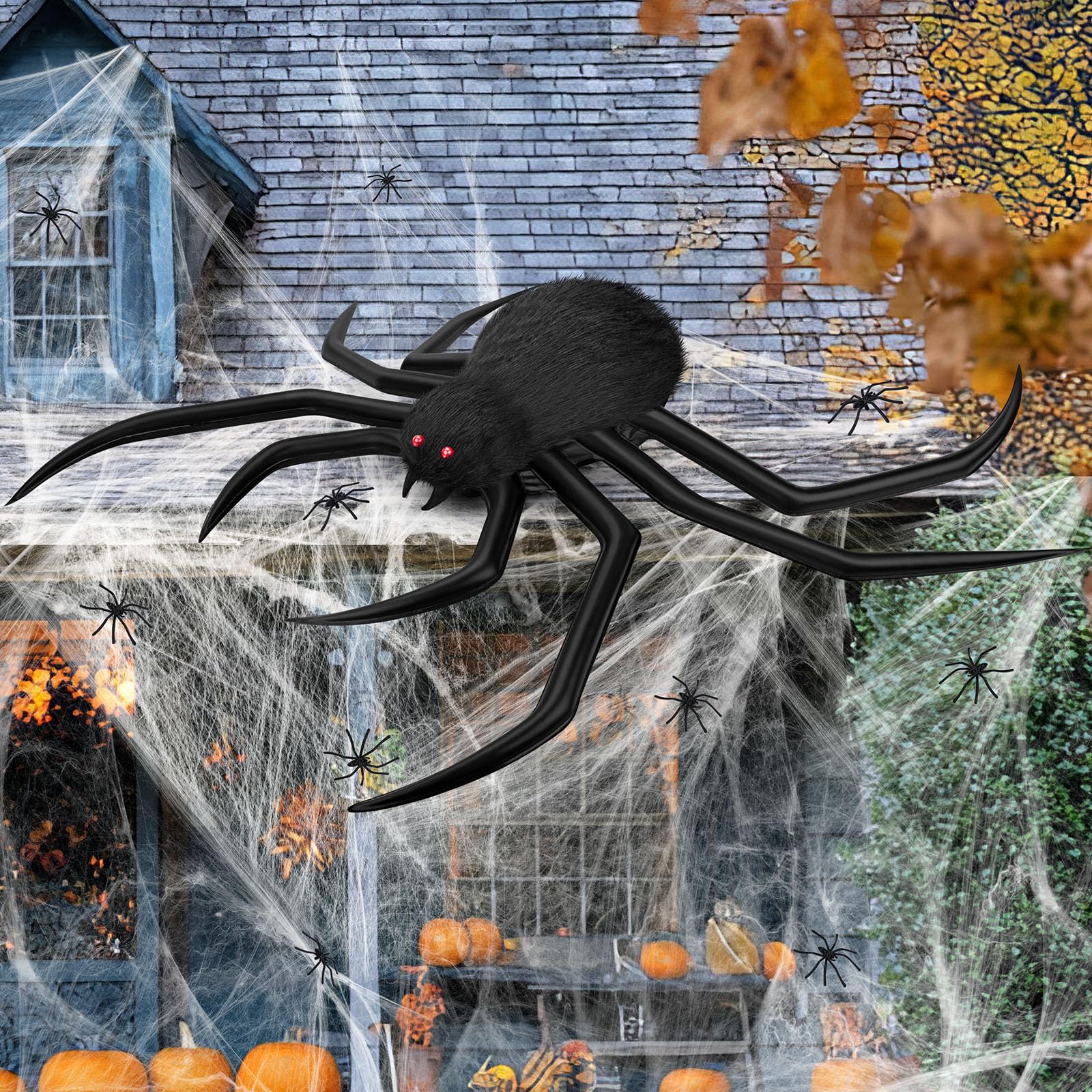 Inflatable Halloween Decorations Spider, Giant Large Spider Prop,10pcs Scary Hairy Fake Spider +60g Cobweb Decor with Red Eyes for Indoor Outdoor Home Party Yard Haunted House Graveyard Porch