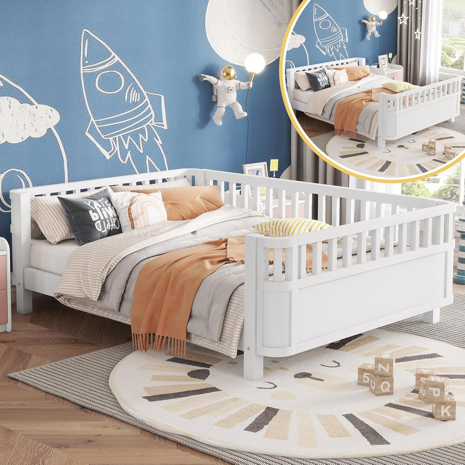 Mirightone Full Size Bed Frame Kids with Rails, Wood Montessori Bed Full with Slats Support, Modern Daybed Low to Ground with Removable Bed Rails for Girls Boys Bedroom Living Room, White